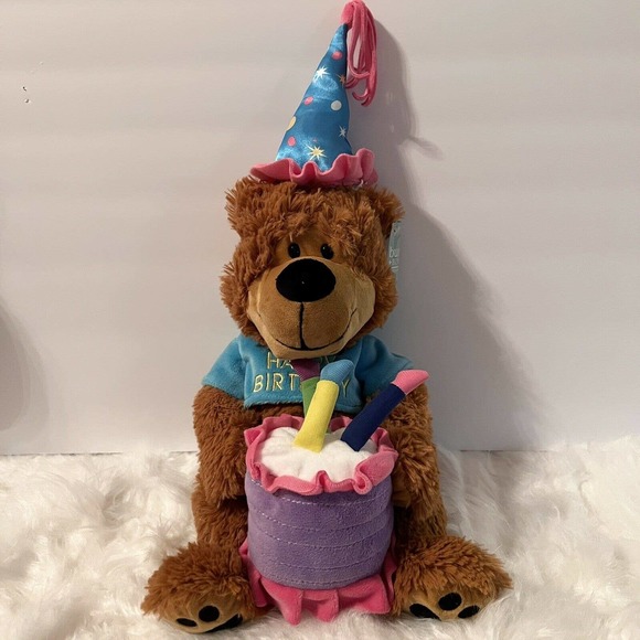 Burton Happy Birthday Teddy Bear Plush W Cake That Plays "Happy Birthday To You" - Picture 1 of 11